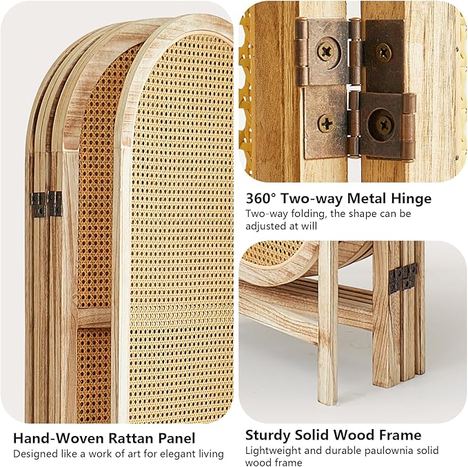 4 Panel Room Divider 5.6 Ft Hand-Woven Rattan Room Divider Screen, Foldable Wood Folding Privacy Screens with Double Hinges, Wall Divider for Room Separation Bedroom Home Office - Natural