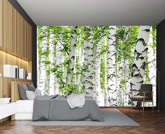 Cliouar-Photo Wallpaper Birch Forest Landscape Trees Poster Nature Lovers Green Forest Bedroom Decoration Mural 103" x 69"(Not Self-Adhesive)