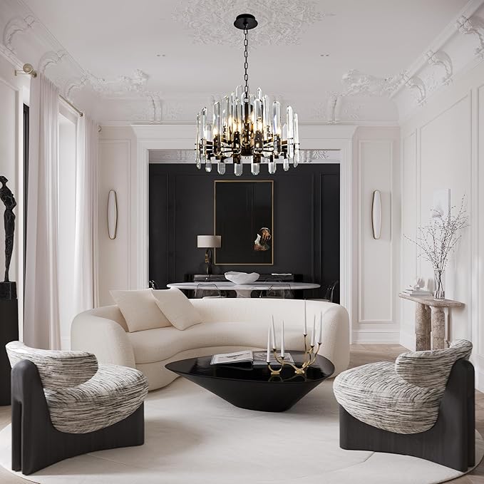 24" Black Chandelier, 12-Light Round Modern Crystal Chandelier for Dining Room, Luxury Adjustable Chain Chandeliers Pendant Light Fixture for Living Room, Bedroom, Foyer, Entryway, Kitchen