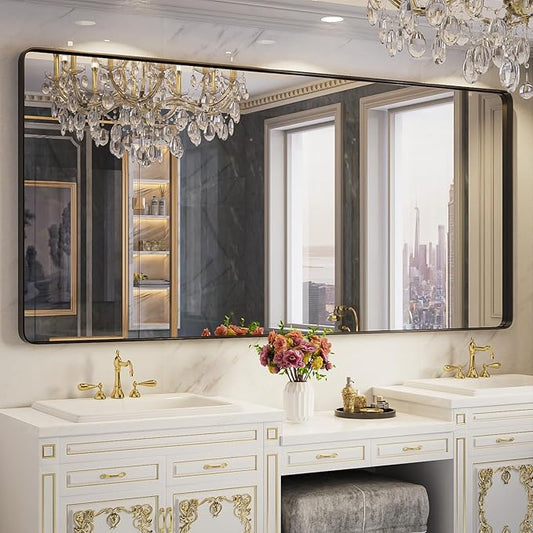 Large Bathroom Mirror for Wall, 77x36 Inch Matte Black Framed Bathroom Vanity Mirror for Farmhouse Living Room Bedroom, Anti-Rust, Tempered Glass, Horizontal/Vertical