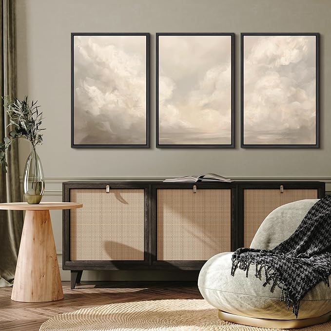 MUDECOR Framed Wall Art Print Set Neutral Cloudscape Soft Beige Abstract Sky Illustrations Modern Art Boho Decorative Colorful Chic for Living Room, Bedroom, Office - 16"x24"x3 Black