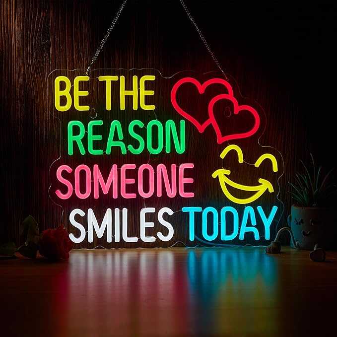 Be The Reason Someone Smiles Today Neon Sign for Wall Décor Motivational Neon Light USB Powered LED Dimmable Inspirational Sign with Classroom Office Bedroom Living Room Decor