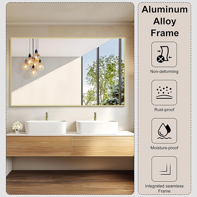 KOCUUY Large Gold Bathroom Mirror, 60x36 inch Rectangular Mirror for Bathroom Sink, Oversized Wall Mirror with Metal Gold Frame for Living Room, Farmhouse, Entryway, Hang Horizontal/Vertical
