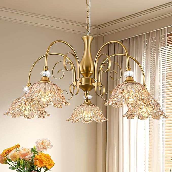 5-Light Vintage Chandeliers in Matte Brass Finish with Amber Glass Shades, Retro Chandelier Light for Dining Room,Hallway,Kitchen