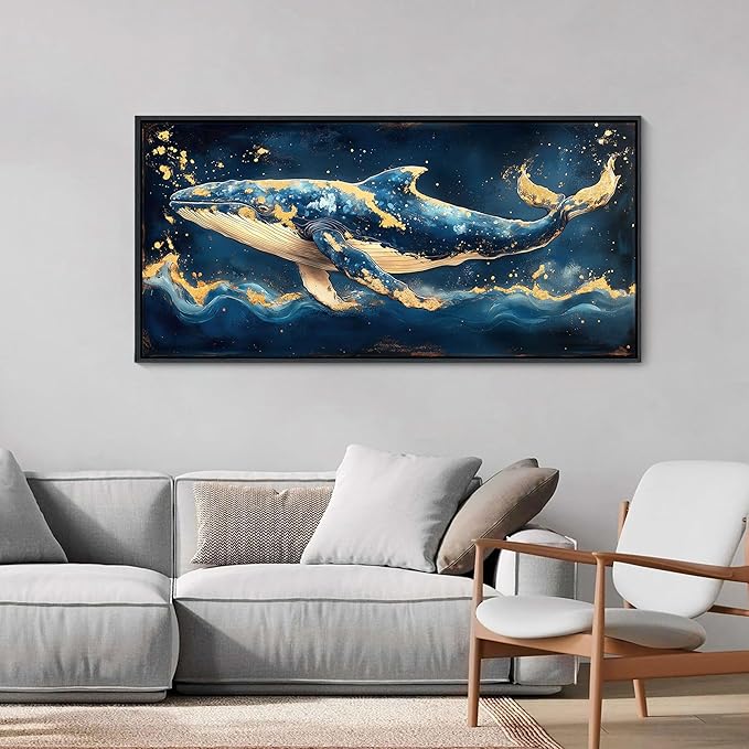 JEAWA Framed Canvas Wall Art - 20x40 IN Marine Animal Painting Wall Decor, Blue White Gold Whale Picture, Modern Art Prints for Living Room Bedroom Bathroom Home Decoration