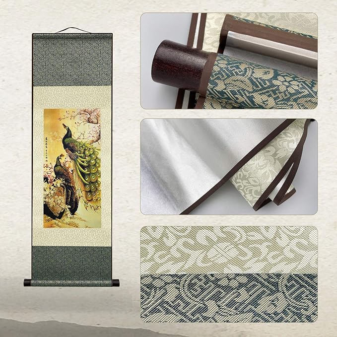 AtfArt Asian Wall Decor Beautiful Silk Scroll Painting Birds - Peacock - Cuiyu Pixia Oriental Decor Chinese Art Wall Scroll Wall Hanging Painting Scroll (36.2 x 12 in)