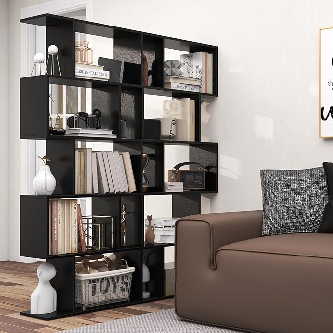 5 Tier Geometric Bookcase, S Shaped Bookshelf, Modern Decorative Storage Shelving, Wooden Room Divider Bookcase, 62.5" Tall Staggered Display Book Shelf for Living Room (2, Black)