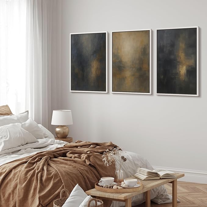 MUDECOR Framed Wall Art Print Set Dark Abstract Modern Contemporary in Navy Blue and Gold Brushstrokes Illustrations Modern Art Decorative Colorful for Living Room, Bedroom, Office - 24"x36"x3 White