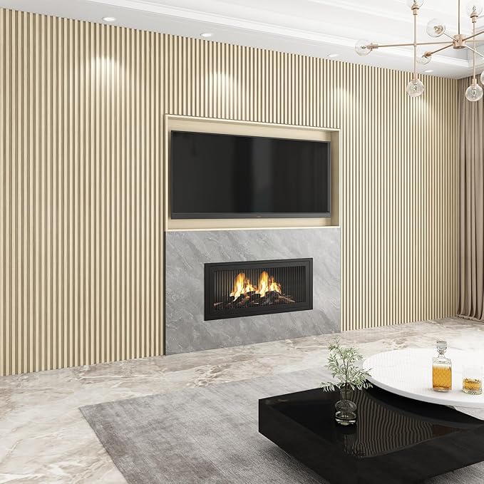 8-Pack WPC Wall Panels 108’’ x 6.1’’ 3D Slat Wall Panel Acoustic Wall Paneling for Interior Wall Decor TV Background Kitchen Bedroom Natural Wood