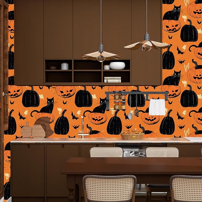 Cat Peel and Stick Wallpaper Boho Pumpkin Contact Paper Orange Floral Removable Self Adhesive Waterproof Wall Paper for Cabinet Drawers Wall Decor Renter Friendly 17.5''x118''