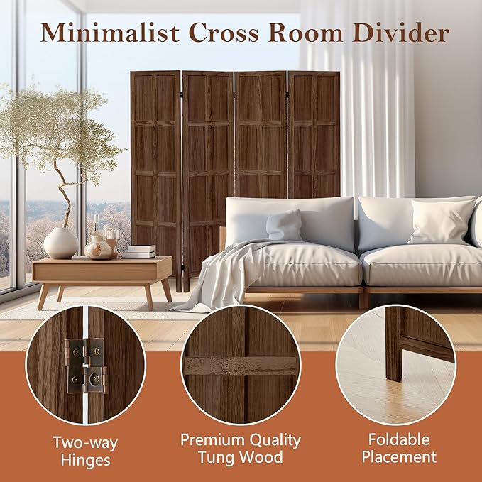 4 Panel Room Divider and Folding Privacy Screen, Classic 5.6Ft Wood Room Divider Wall, Partition Screen Divider for Room Separation for Home Office, Bedroom, Office, Dressing Room, Brown