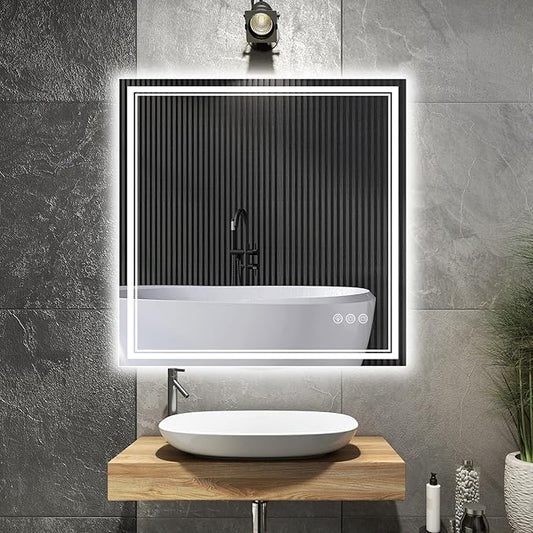 30x30 Inch LED Bathroom Mirror with Frontlit & Backlit（Independent Control）, Lighted Mirror for Bathroom Wall with 3-Color Dimmable & Anti-Fog, Vanity Mirror with Lights