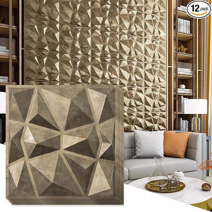 Art3d Textures 3D Wall Panels Antique Gold Diamond Design for Interior Wall Decor Pack of 12 Tiles 32 Sq Ft (PVC)