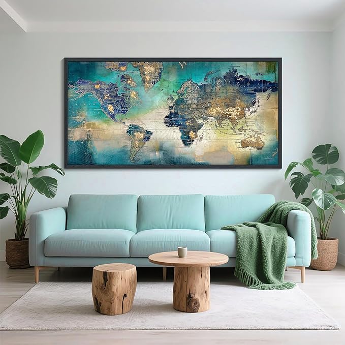 Large World Map Canvas Prints Wall Art for Living Room Office "29x58" Green World Map Picture Artwork Decor for Home Decoration Black Framed Wall Art