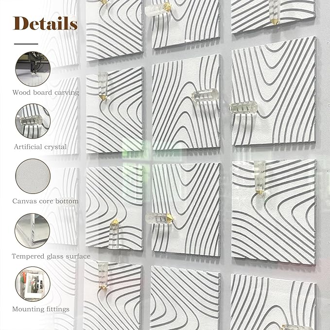 LIUZEYUE - Modern 3D three-dimensional relief, artificial crystal, gold foil art, living room, office room wall decoration 31.5"x31.5" white