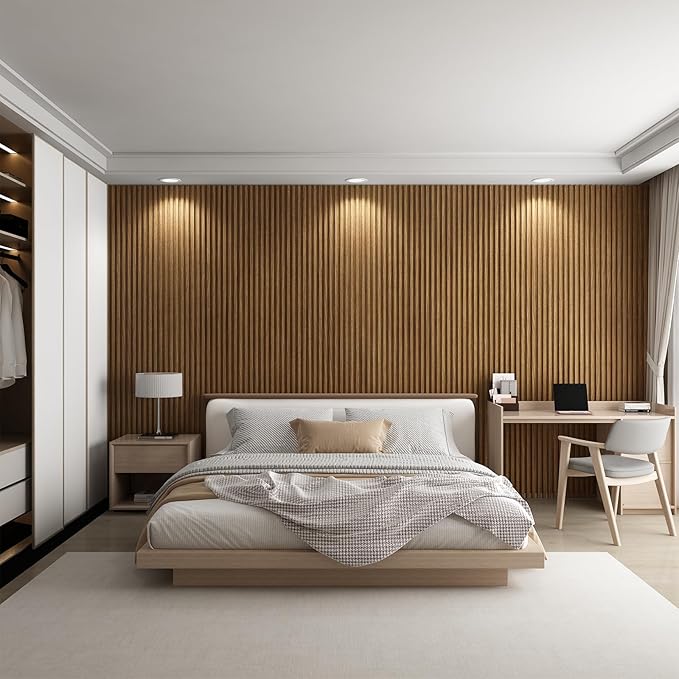 8-Pack WPC Wall Panels 118’’ x 6.1’’ 3D Slat Wall Panel Acoustic Wall Paneling for Interior Wall Decor TV Background Kitchen Bedroom Oak