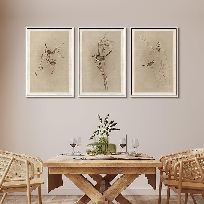 MUDECOR Framed Wall Art Print Set Vintage Bird Wheat Ear Illustrations Modern Art Boho Decorative Colorful Chic for Living Room, Bedroom, Office - 24"x36"x3 White