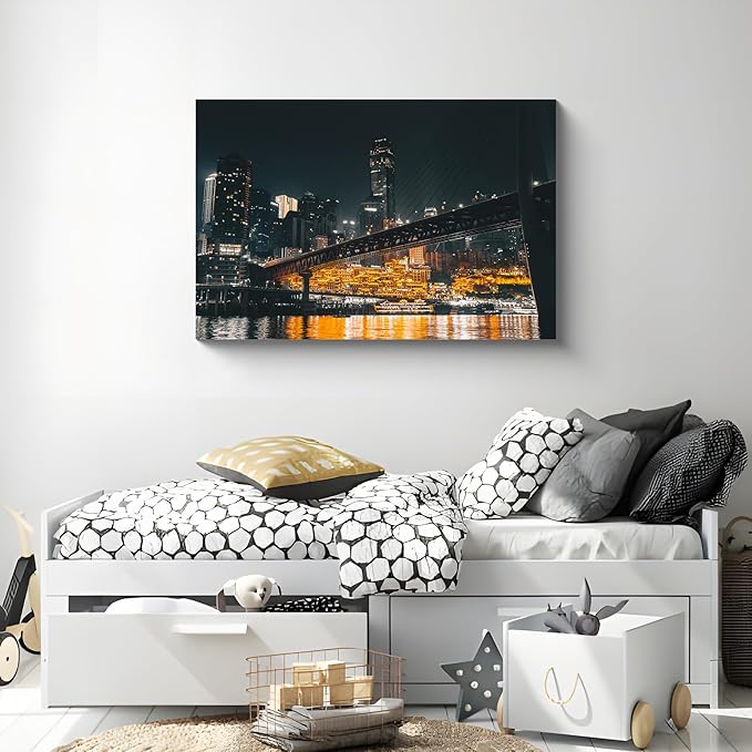 NAN Wind 1PCS Chongqing City Nightscape Canvas Wall Art Illuminated Chinese Skyline with Bridge Skyscrapers Modern Urban Landscape Photography Print for Living Room Office Bedroom Decor