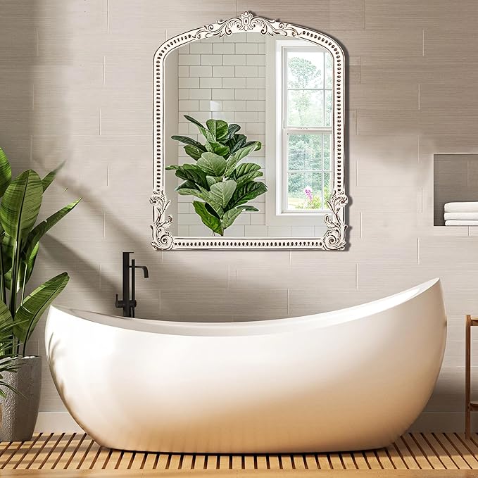 30x35 Inch Baroque Farmhouse Arched Wall Mirror Wooden, Rustic Distressed Decorative Mirrors for Fireplace, Living Room, Bedroom, Entryway, Bathroom