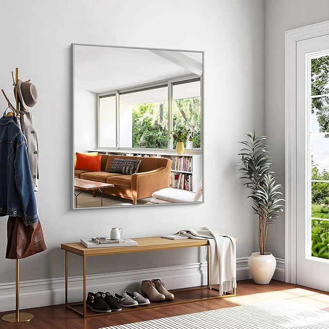 KOCUUY Silver Framed Mirror, 48"x40" Large Rectangle Bathroom Mirror for Wall, HD Tempered Glass, Anti-Rust Brushed Silver Frame, Modern Design for Bathroom, Bedroom, Living Room, Entryway