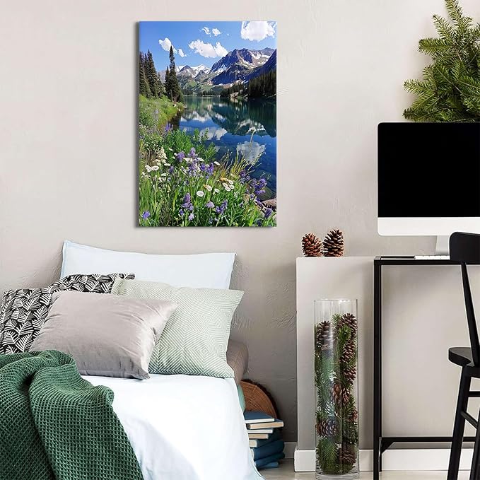 Large Mountain Wall Art Living Room Decor Lake Reflection Canvas Pictures Rocky Mountain National Park Poster Nature Wildflowers Landscape Colorado Mountains Paintings Artwork Home Decoration 24x36"