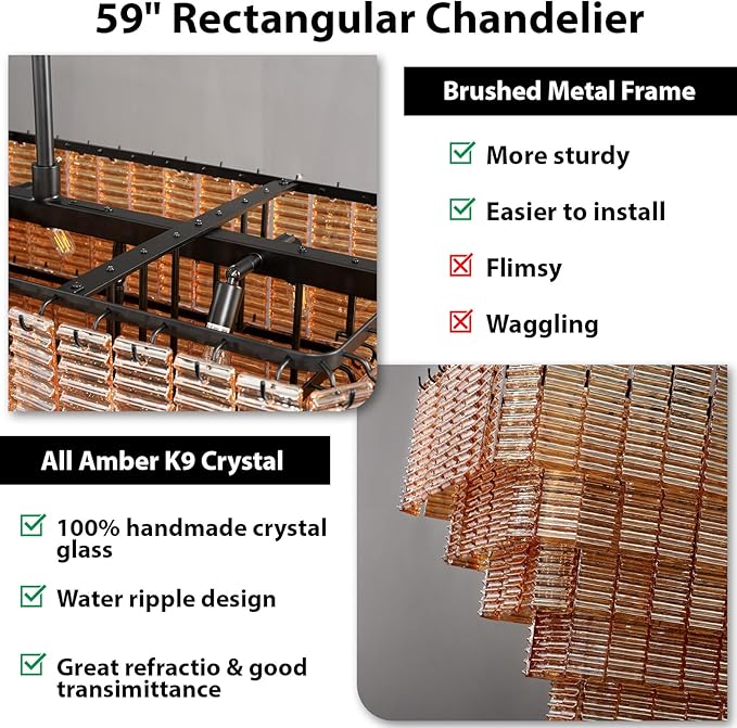 Large Chandelier for Dining Room, 59" 11-Light Amber Rectangular Chandelier for High Ceilings, Modern Balck Kitchen Island Hanging Light Fixture for Living Room, Dining Room, Kitchen Island, Foyer