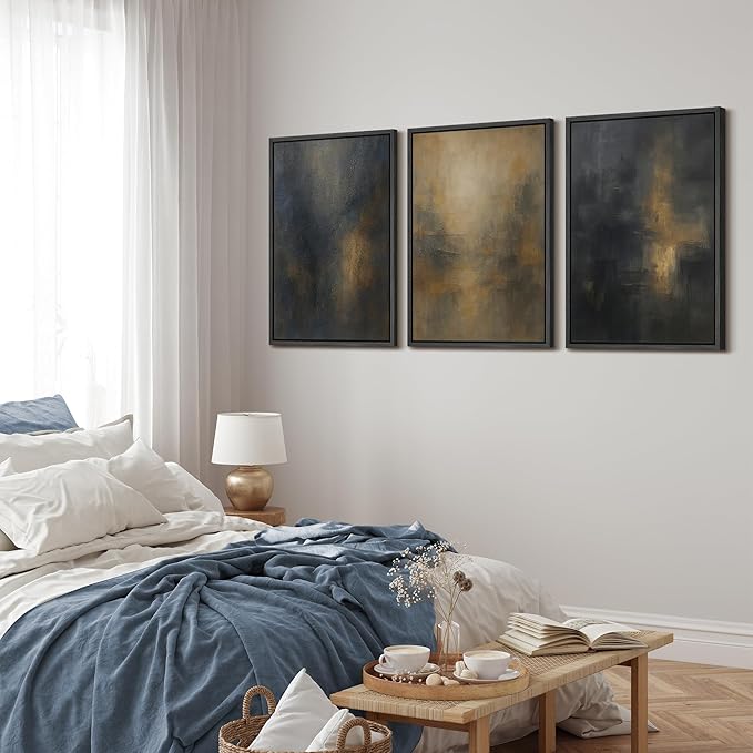 MUDECOR Framed Wall Art Print Set Dark Abstract Modern Contemporary in Navy Blue and Gold Brushstrokes Illustrations Modern Art Decorative Colorful for Living Room, Bedroom, Office - 24"x36"x3 Black