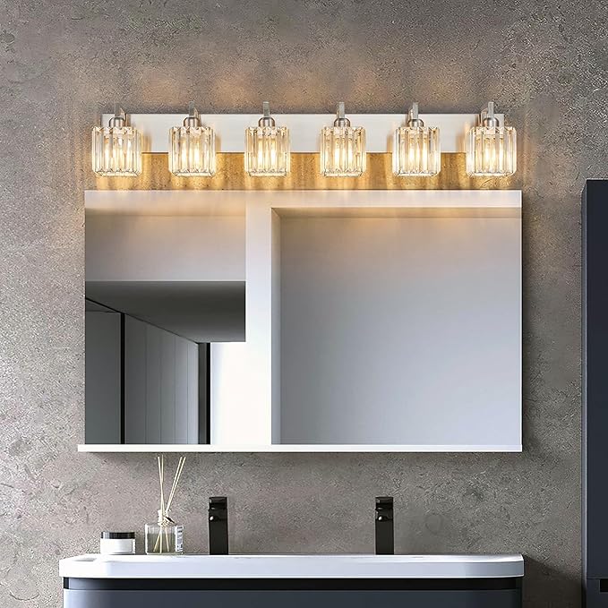 Modern Bathroom Vanity Light 6-Lights Brushed Nickel Vanity Light Crystal Wall Light Bathroom Light Fixtures