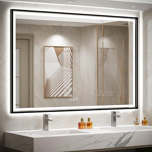 60x40 Inch LED Bathroom Mirror with Lights, Frontlit & Backlit Black Metal Frame Mirror,Double Lights Strips,Anti Fog Dimmable & 3 Colors Temperature