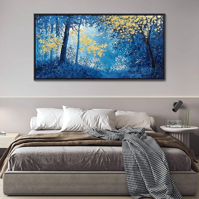 Blue and Gold Canvas Wall Art - Forest Bedroom Wall Art - Tree Wall Pictures for Living Room, Office, or Bedroom - Nature Landscape Canvas Decor Framed Painting 29×58IN