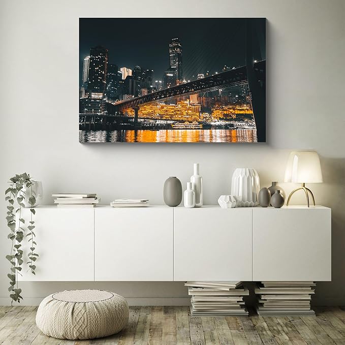 NAN Wind 1PCS Chongqing City Nightscape Canvas Wall Art Illuminated Chinese Skyline with Bridge Skyscrapers Modern Urban Landscape Photography Print for Living Room Office Bedroom Decor