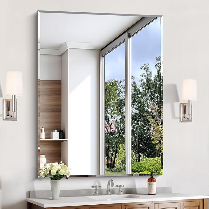 KOCUUY Beveled Mirror, 48x36 Inch Large Frameless Bathroom Mirror for Over Sink, Upgraded Shatterproof Beveled Unframed Design Mirror for Bathroom, Bedroom, Hang Horizontal/Vertical