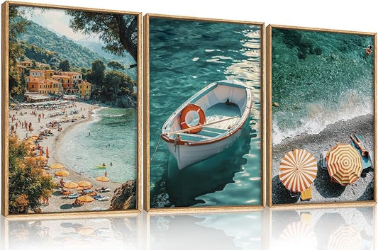 Mediterranean Coastal Ocean Framed Canvas Wall Art Set, Natural Blue Green Beach Scenery Wall Decor,Modern Summer Sea Boat Umbrella Artwork for Living Room, Bedroom,Farmhouse- 24"x36"x3
