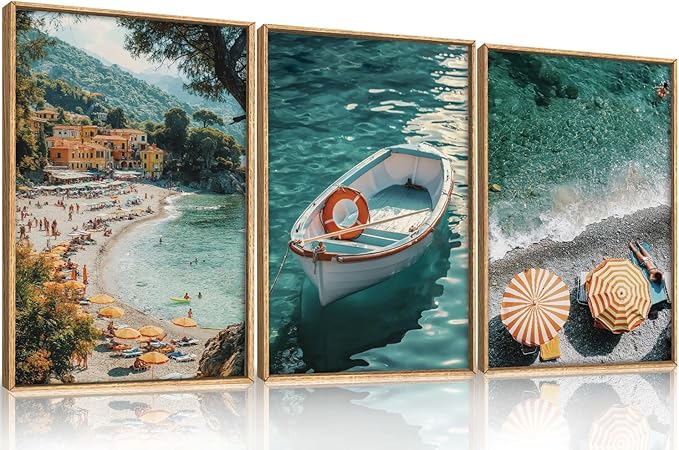 Aryroi Mediterranean Coastal Ocean Framed Canvas Wall Art Set, Natural Blue Green Beach Scenery Wall Decor,Modern Summer Sea Boat Umbrella Artwork for Living Room, Bedroom,Farmhouse- 16"x24"x3