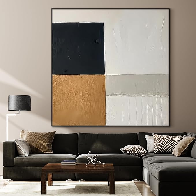 46"x46" XL Framed Wall Art - Geometric Abstract Black, White, and Gold (Frame Assembly Required)