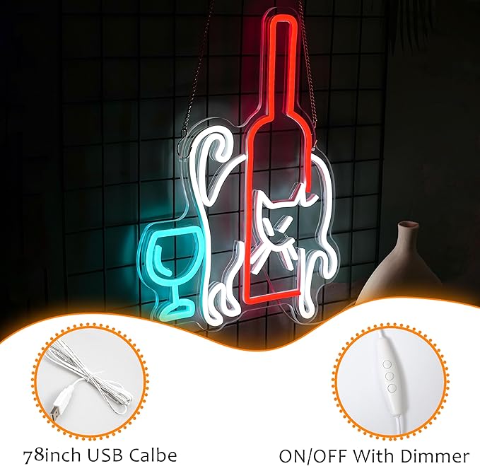 LISIGNVE Cat Beer Neon Sign LED Wine Glass Light up Sign for Bar Wall Decor USB Dimmable Cat Neon Light Cocktail neon Light sign for Living Room Home Bar Man Cave Animal Themed Gathering