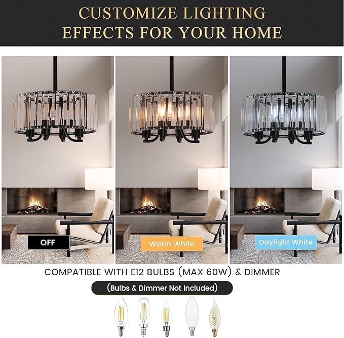 Black Crystal Chandelier, 4-Light Small Modern Semi Flush Mount Ceiling Chandelier Light Fixtures,Round Hanging Lighting Fixture for Bedroom Living Room Kitchen Hallway Entryway, E12 Base, 11.6 Inch