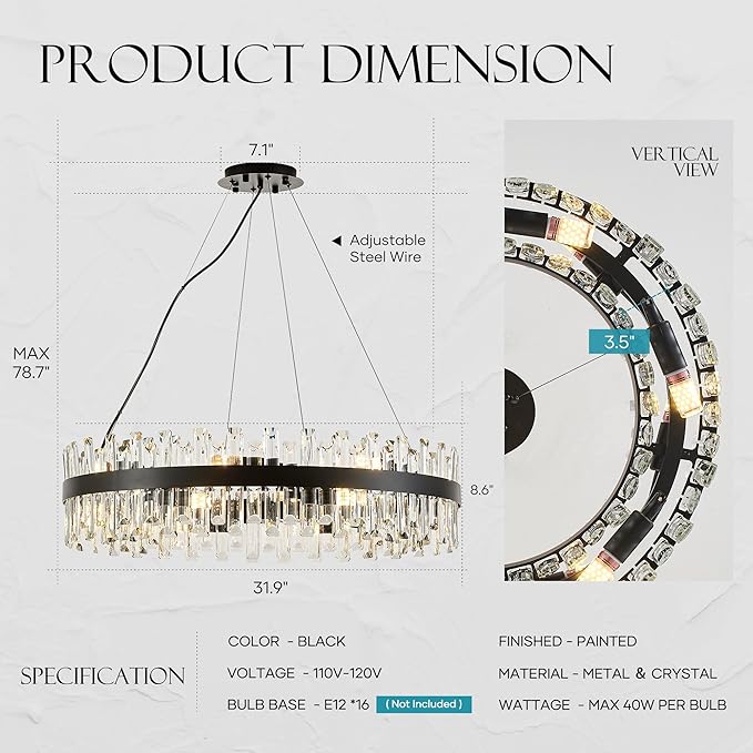 31.9" Black Modern Crystal Chandelier Light Fixtures Luxury 2 Ring Crystal Chandeliers for Dining Room 16-Light Round Hanging Pendant Lighting for Living Room Kitchen Island Entryway Bedroom