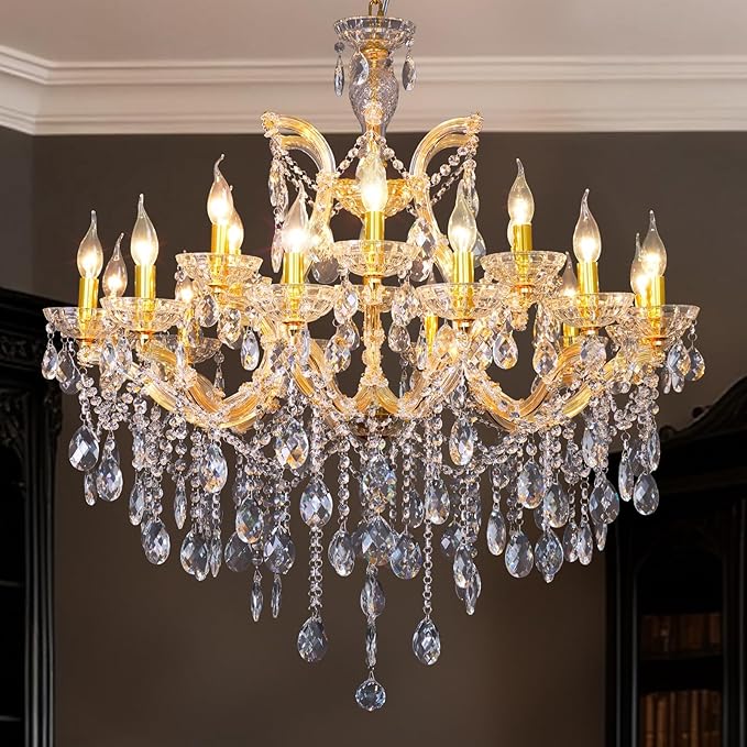Large High Ceiling Designer Chandelier Modern Maria Theresa Crystals Gold Chandeliers Luxurious Pendant Hanging Lamp for Foyer, Dining Room, Staircase, Lobby, Living Room, 18 Lights, 2 Layers