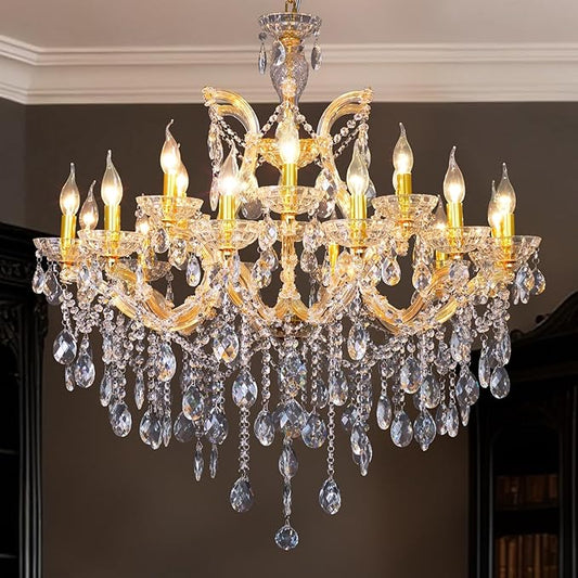 Large High Ceiling Designer Chandelier Modern Maria Theresa Crystals Gold Chandeliers Luxurious Pendant Hanging Lamp for Foyer, Dining Room, Staircase, Lobby, Living Room, 18 Lights, 2 Layers