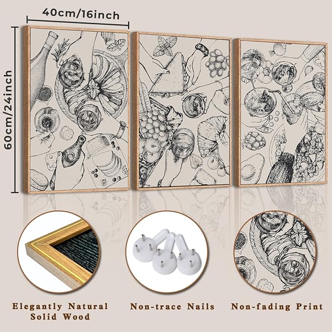 BINCUE Framed Food Wood Wall Art Set of Three Modern Cheers Kitchen Wall Decor Abstract Friends Party Art Print for Kitchen Dining Room Living Room 16x24 Inch