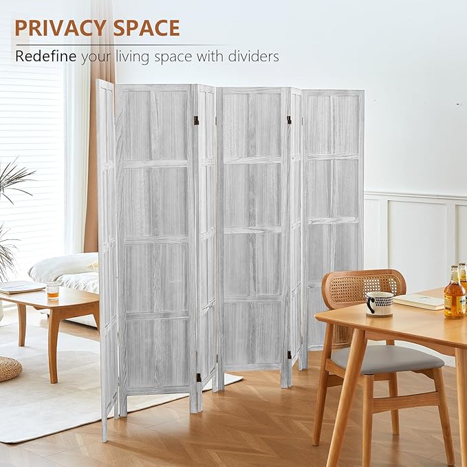 6 Panel Wood Room Divider Screen, 5.6 FT Folding Privacy Screen Room Divider, Partition Divider for Room Separation, Folding Wood Panel Wall Divider for Home Office Bathroom (Retro White)