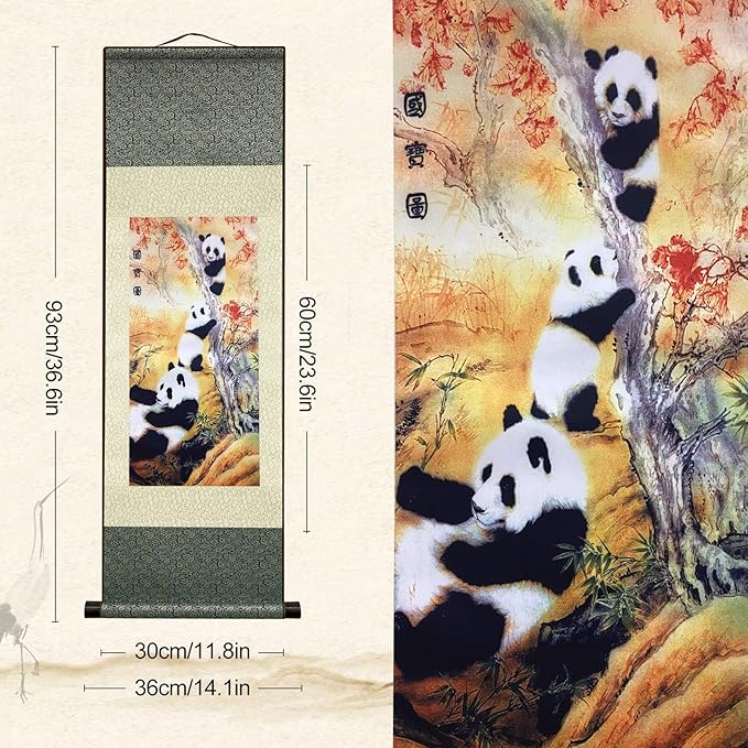 AtfArt Asian Wall Decor Beautiful Silk Scroll Painting National Treasure Chinese Panda Oriental Decor Chinese Art Wall Scroll Wall Hanging Painting Scroll (39 x 12 in)