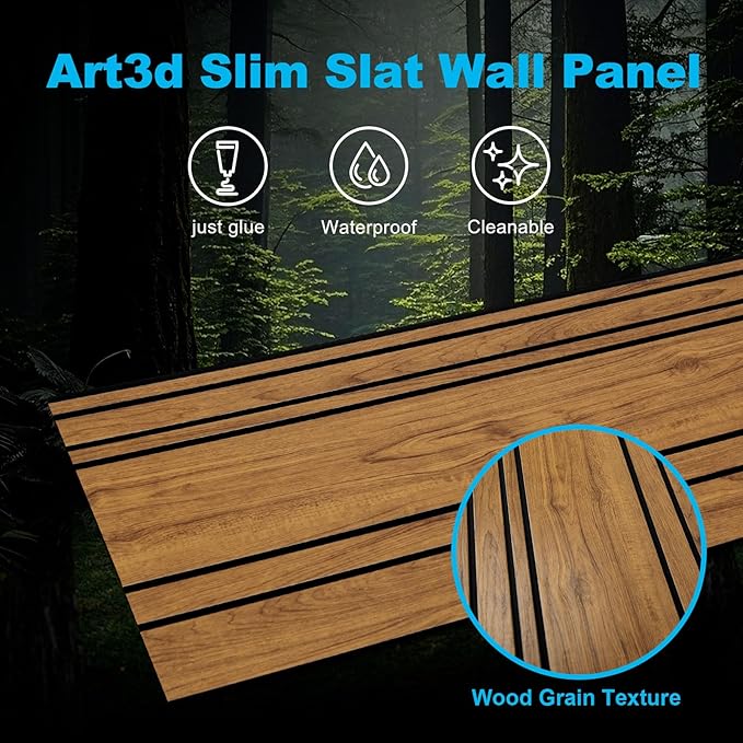 Art3d 4-Pack Glue-On Wall Panels, Wood Grain Texture Interior Wall Decor, 104"x12" Recycled Polystyrene Wainscoting Panels, Low Emission for Living Room Bedroom,Earth Teak