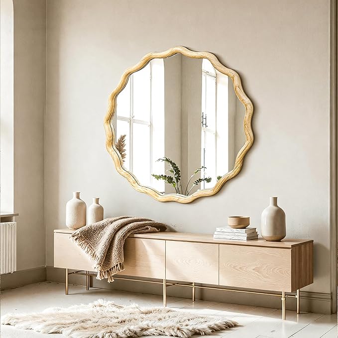 Circle Wood Mirrors for Wall, Wavy Round Bathroom Scalloped Mirror Wooden Frame 24 Inch for Living Room Farmhouse Bedroom Hallway Entryway Living Room with Shatterproof Glass Wall Mounted