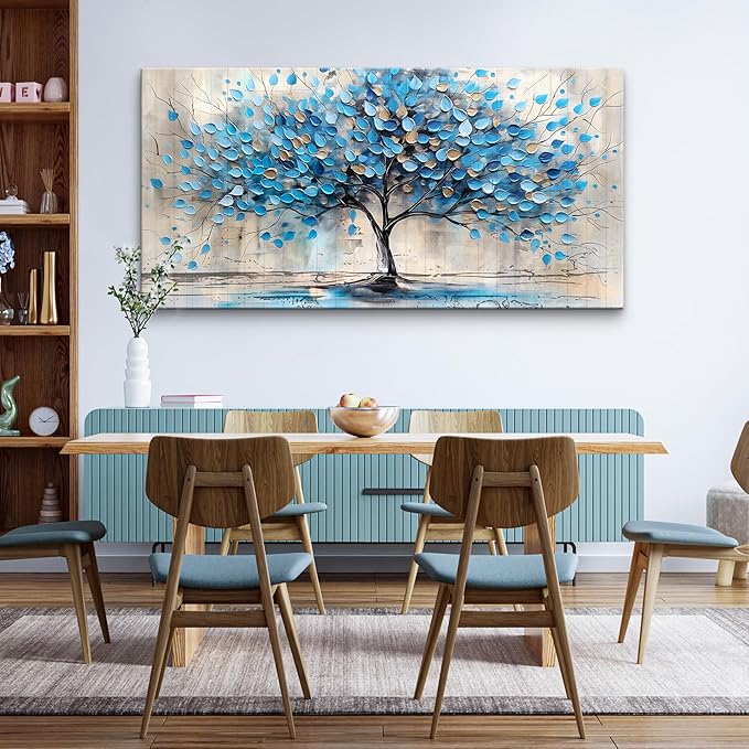 Lapremoly Textured Abstract Wall Pictures Artwork Wall Decor For Living Room Framed Canvas Wall Art For Bedroom Office Decor Blue Tree Paintings Panoramic Landscape Prints Home Decor Ready to Hang