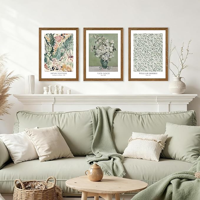 JLTULT 3 Piece Vintage Sage Green Canvas Wall Art, Monet Van Gogh Matisse Wall Decor, Botanical Painting Artwork Prints for Living Room Bedroom Home Office 12X16 inch Wood Framed Easy to Hang
