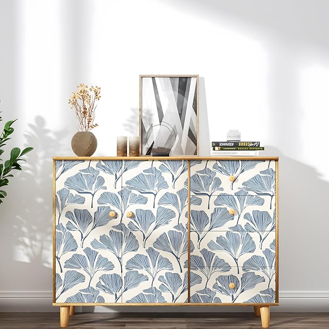 Blue Leaf Peel and Stick Wallpaper - Boho Vintage Floral Wall Decor - Removable, Self-Adhesive for Cabinet Drawers - 17.5''x118.1''