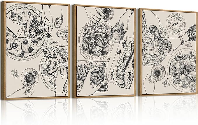 BINCUE Food Wood Wall Art Modern Cheers Kitchen Wall Decor Abstract Friends Party Artwork for Kitchen Dining Room Living Room 12" Lx16 W Set of 3