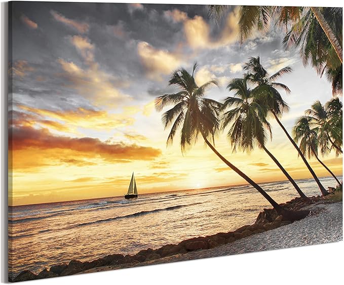 Coastal Wall Art Canvas Decor: Beach Scene Sunset Picture Ocean Sea Tropical Palm Tree Print Seascape Sailboat Painting Seaside Seashore Landscape Artwork for Bathroom Living Room 24 x 16 Inch